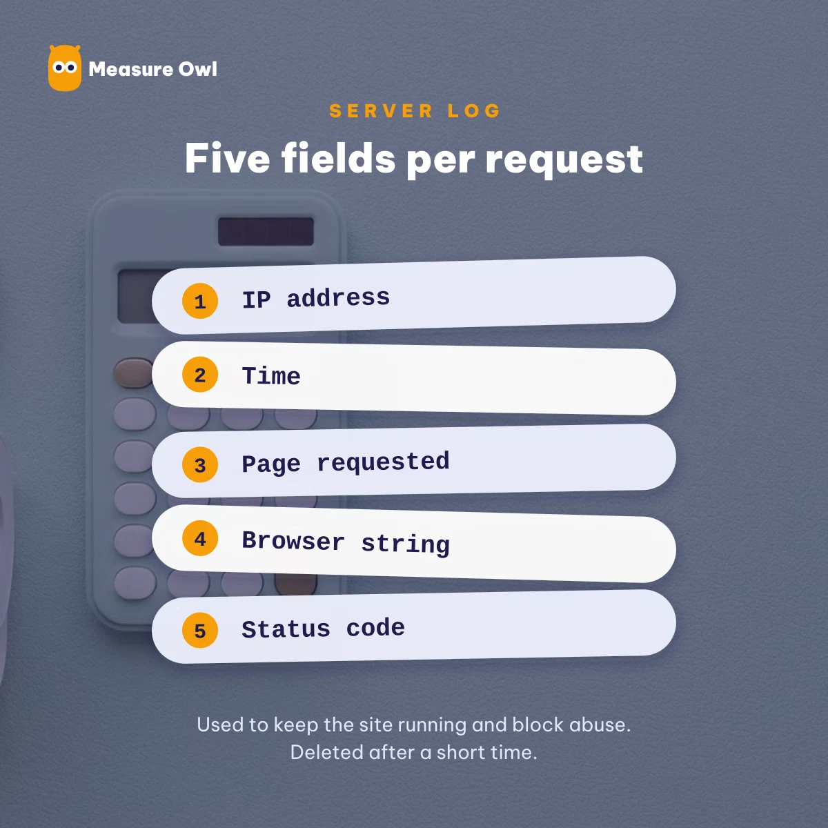 The five server log fields Measure Owl keeps briefly: IP address, time, page, browser string and status code